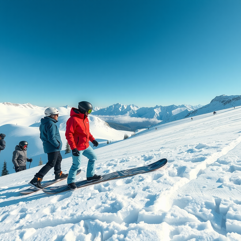 プロのスノーボードインストラクターが雪山のゲレンデで生徒に指導している様子、青空が広がる