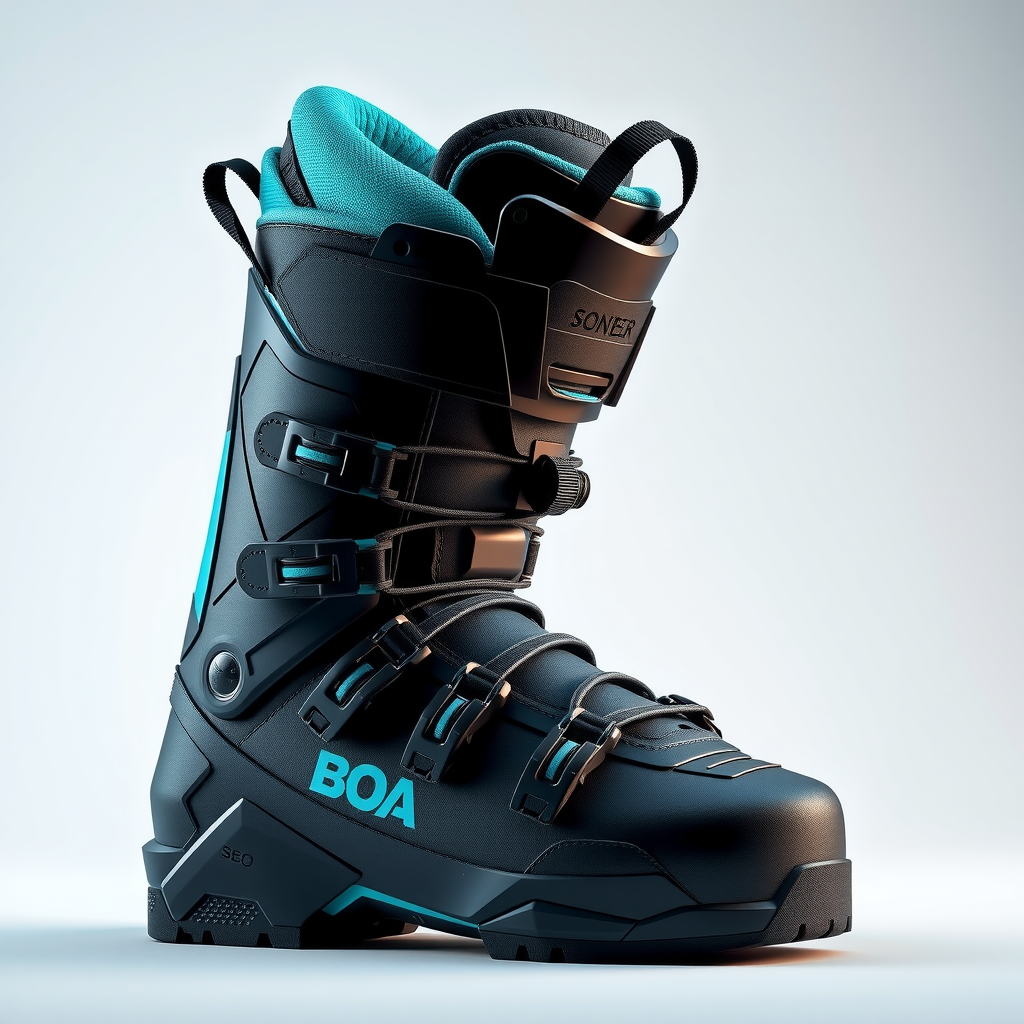 スノーボードブーツ - プロフェッショナルグレードのブーツ、ブラックとティールのカラーリング、BOAレーシングシステム搭載、快適なインナーライナー