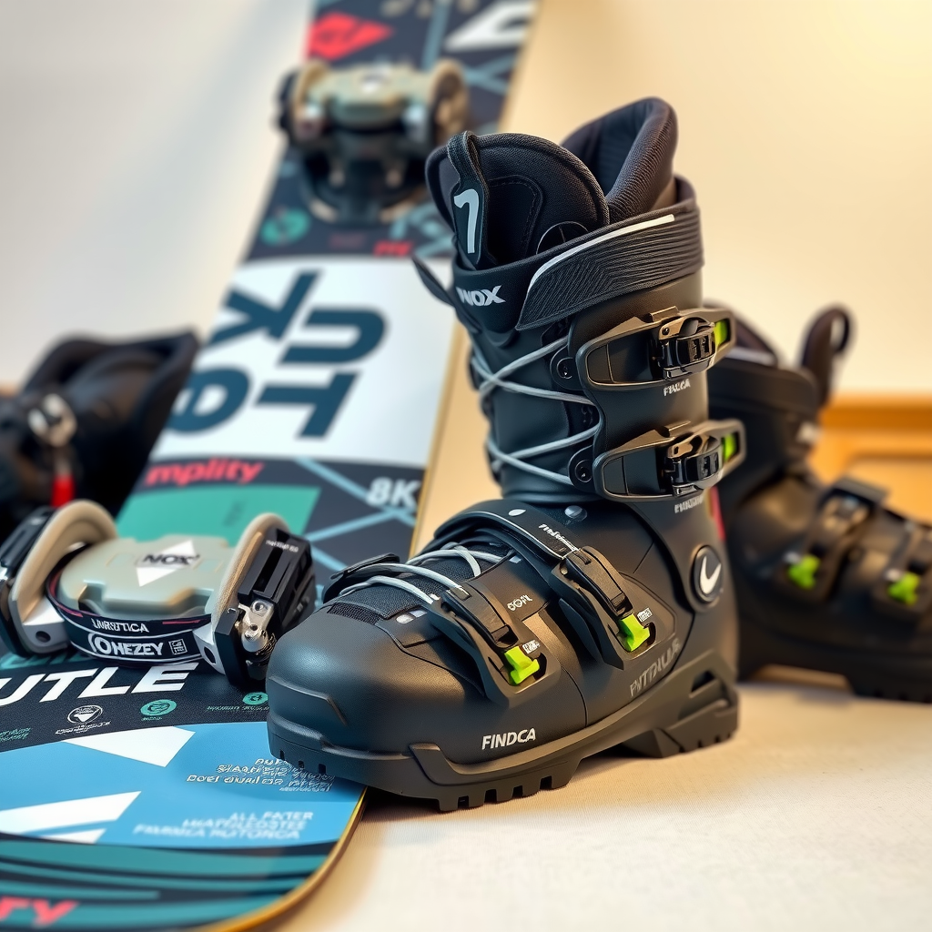 高品質なスノーボード機材のクローズアップ。最新モデルのスノーボード、プロフェッショナルグレードのブーツ、高性能バインディングが美しくディスプレイされている。機材には有名ブランドのロゴが見え、メンテナンスが行き届いた状態。