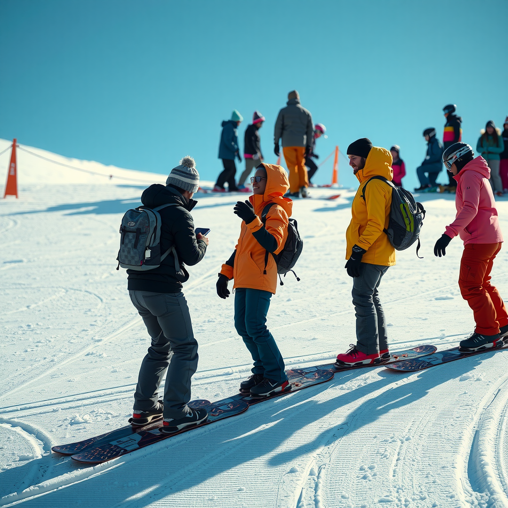 初心者向けゲレンデでグループレッスンを受けるスノーボーダーたち、インストラクターが技術を実演している