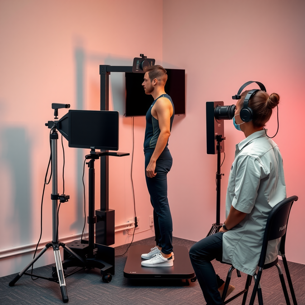 プロの歩行分析機器と、顧客の自然な姿勢とバランスを評価するスペシャリスト