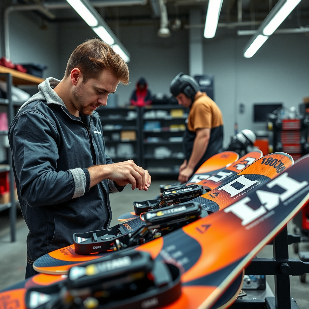 プロフェッショナルなワークショップで複数のスノーボードを整備する技術者