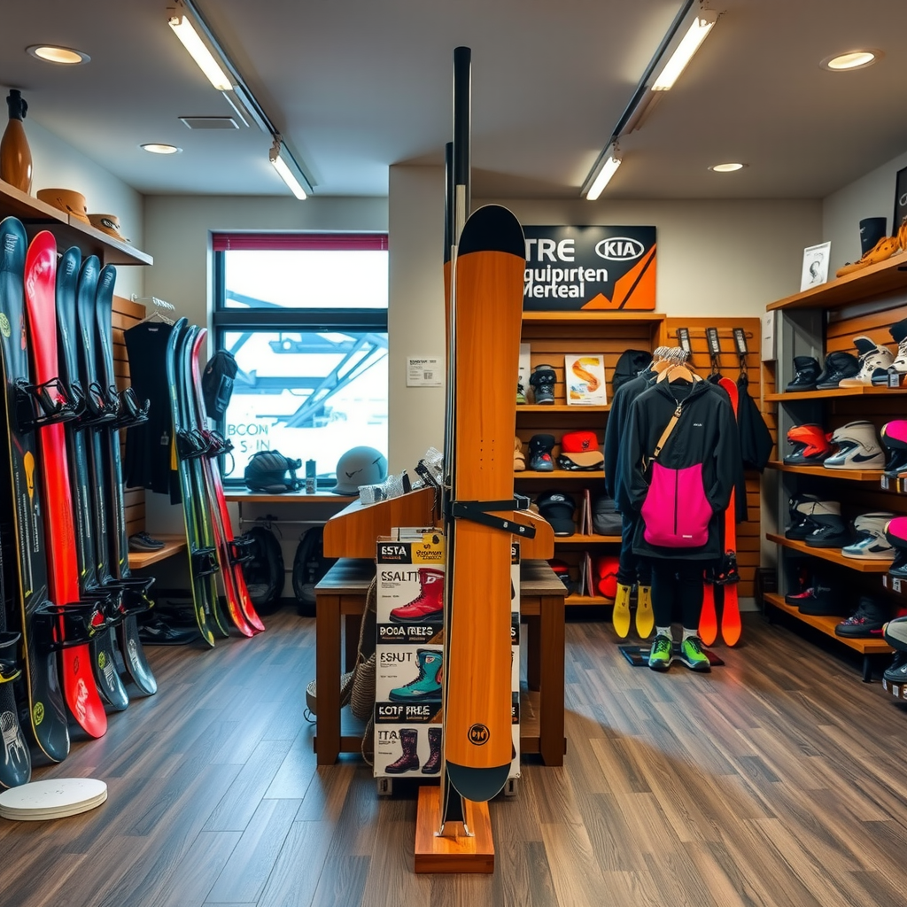 スノーボード装備レンタルショップの内装、ボード、ブーツ、ギアが陳列されている