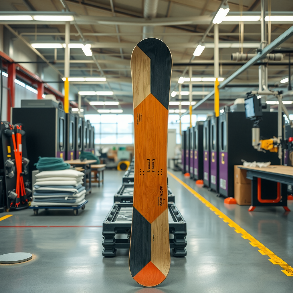 Modern sustainable snowboard manufacturing facility showing eco-friendly materials, recycled cores, bio-based resins, and carbon-neutral production equipment with green technology and environmental innovation
