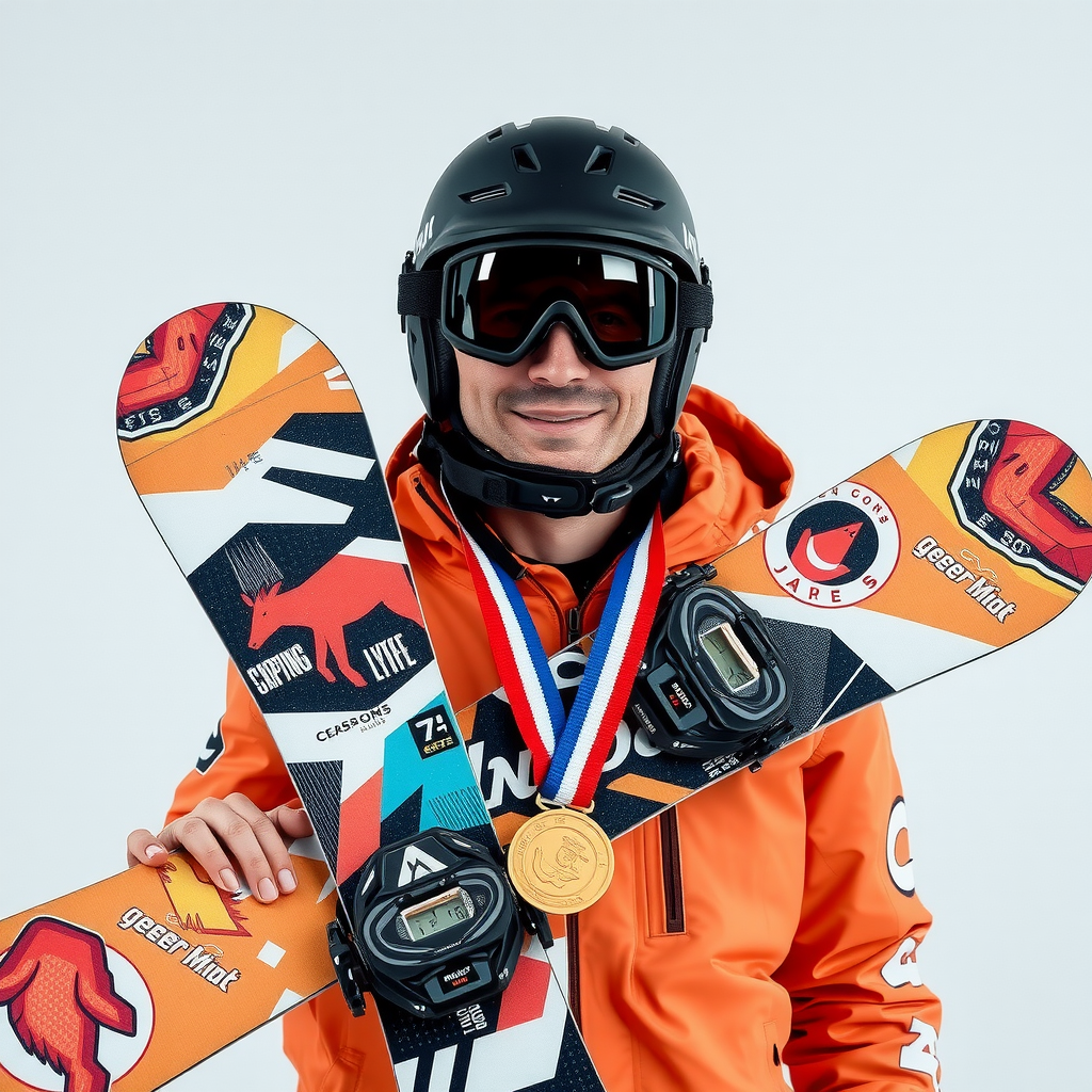 Olympic snowboard medalist showcasing new professional-grade snowboarding equipment collection with innovative designs, high-performance boards, boots and gear inspired by competition equipment for recreational riders
