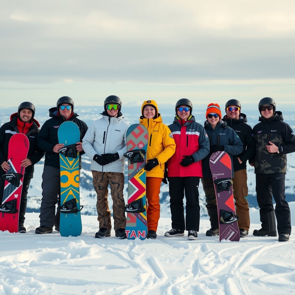スノーボードを持って山の上に並んで立つインストラクターチーム